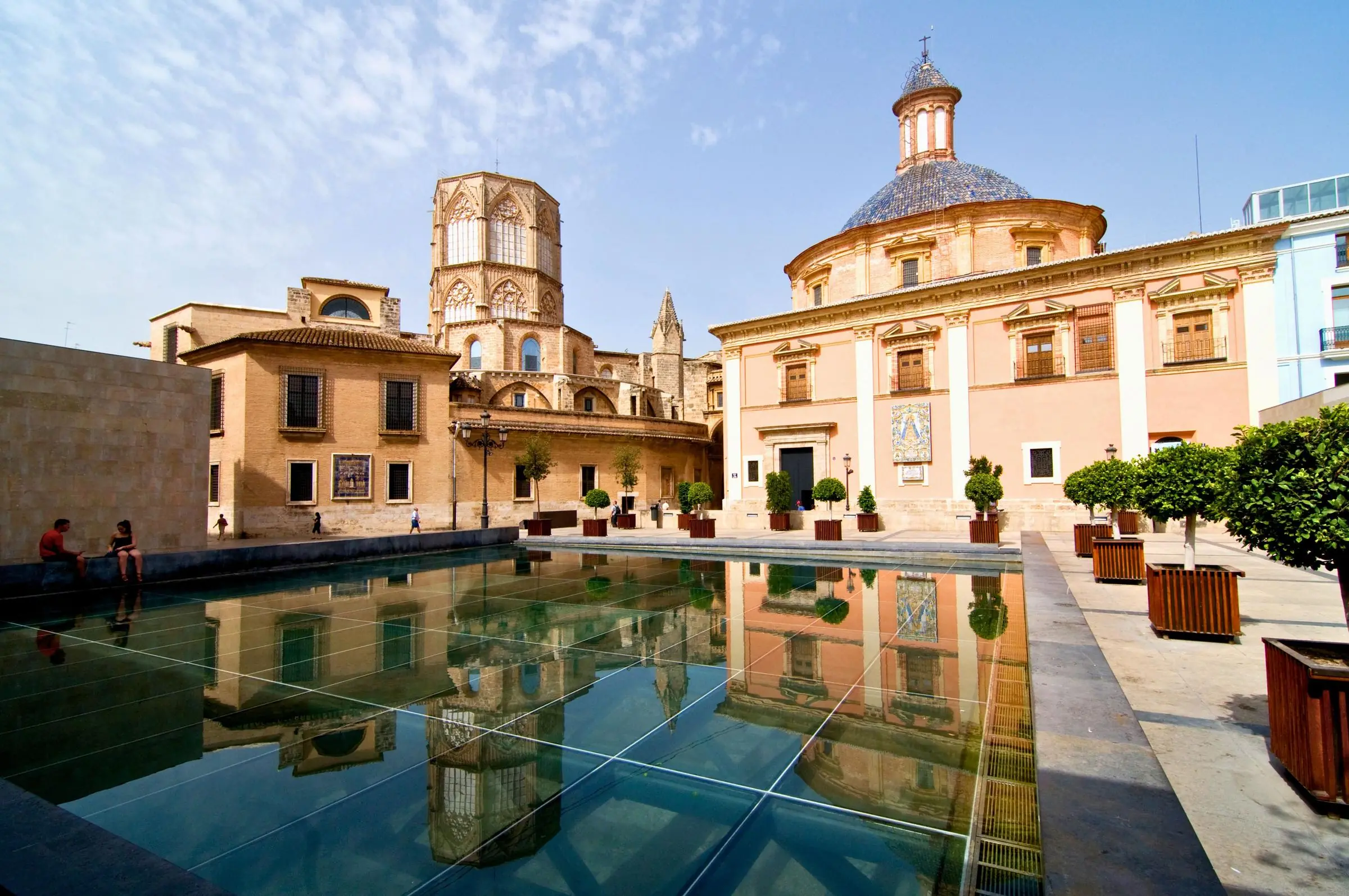 The glass reflecting pool roof of the Almoina Archaeological Center in Valencia