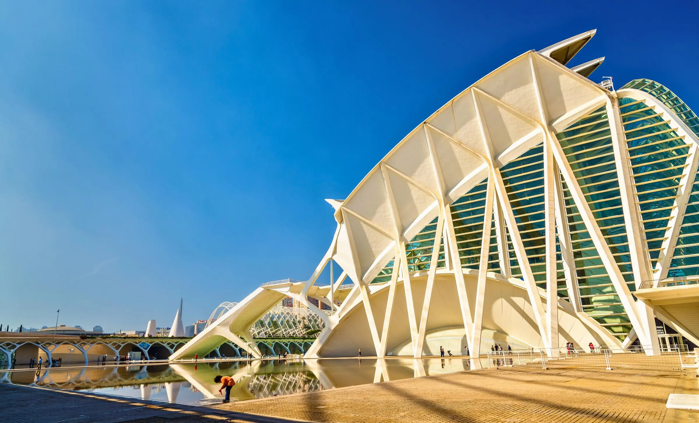 The exterior of the Science Museum showing its white, skeletal architectural design