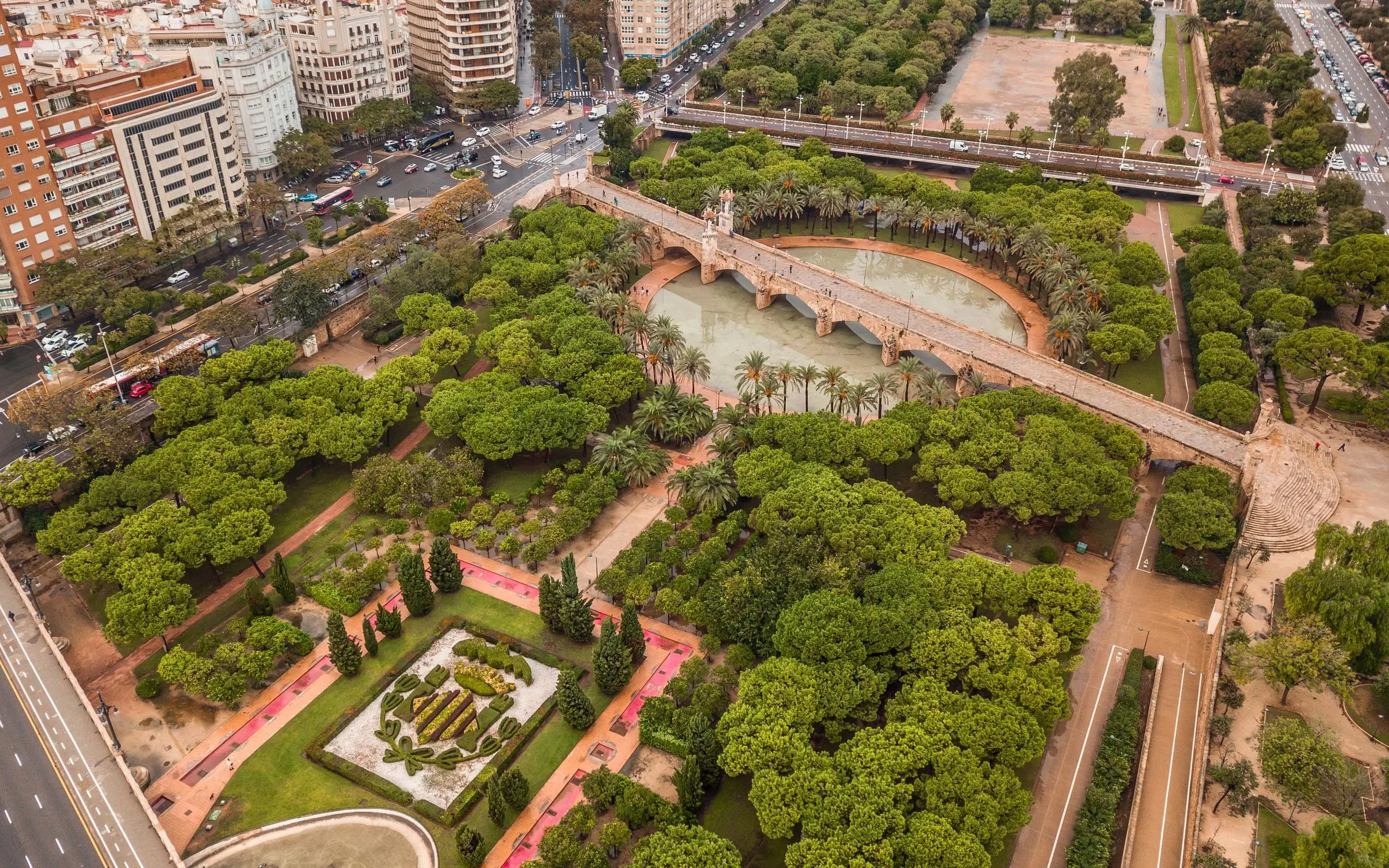 Aerial view of Turia Gardens winding through Valencia