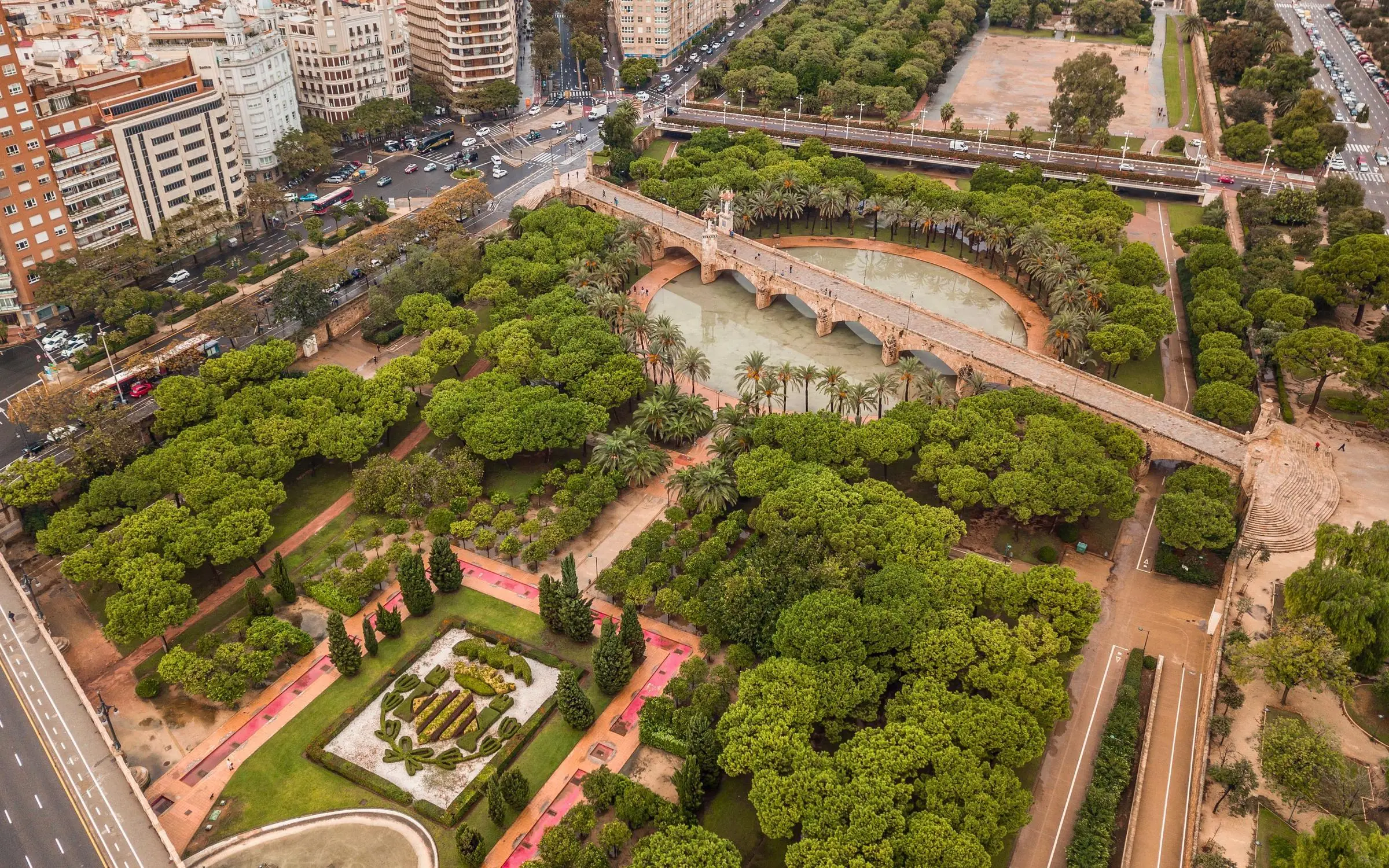 Turia Gardens Valencia Aerial view of Turia Gardens winding through Valencia