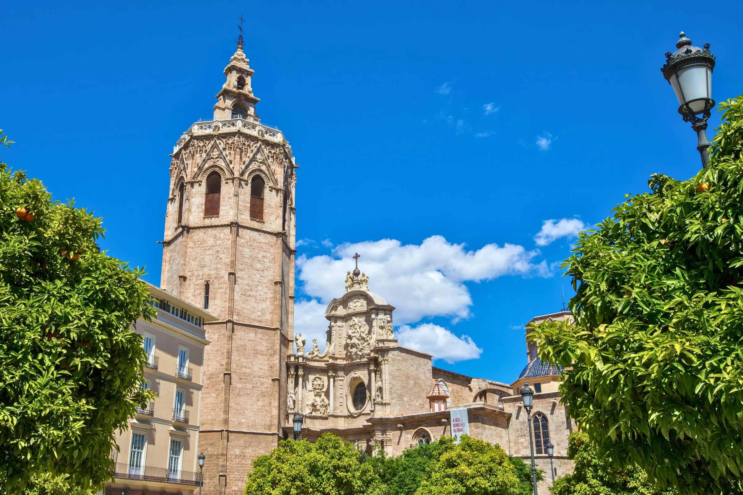 The exterior of Valencia Cathedral viewed from Plaza de la Reina